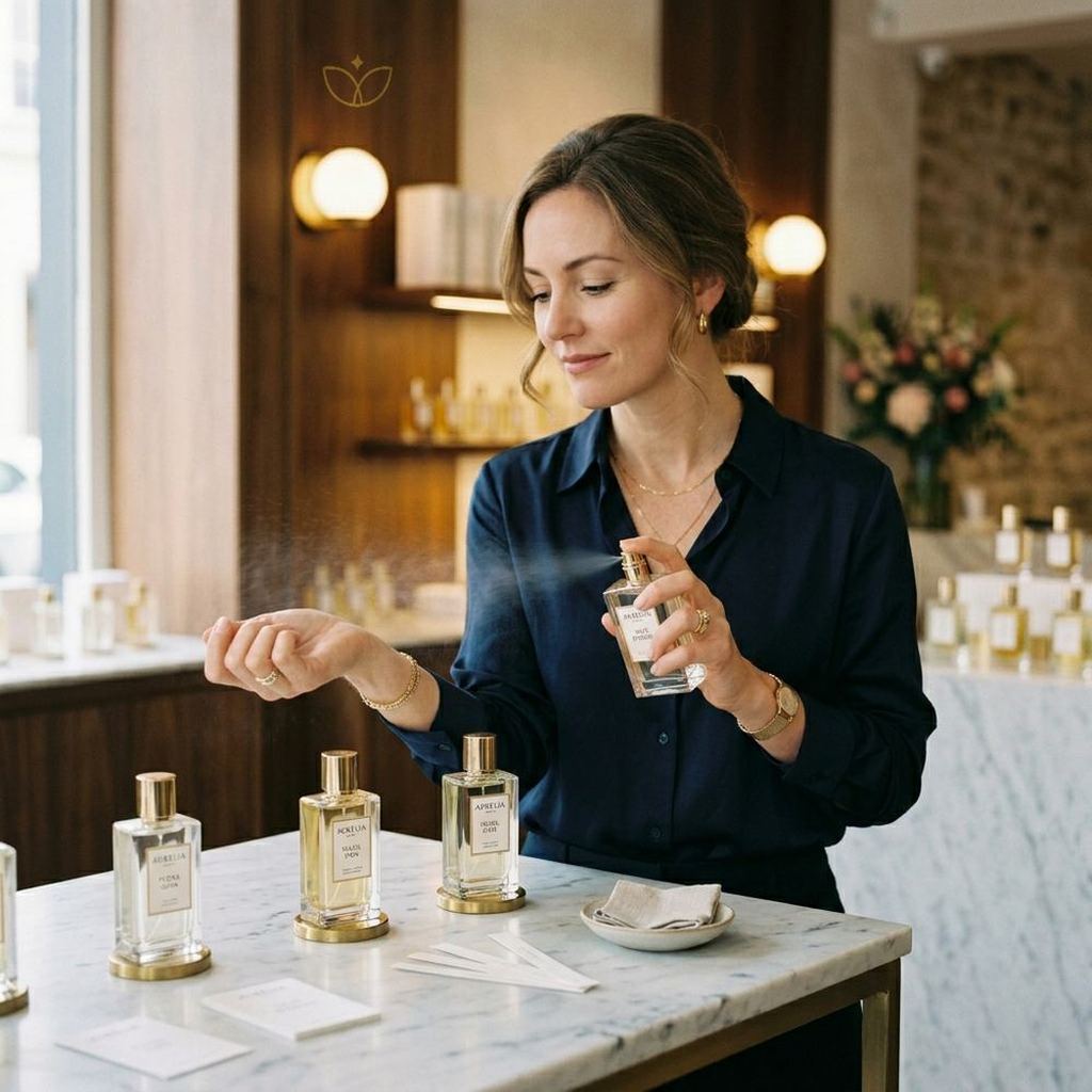 A client testing fragrance at the perfumery counter