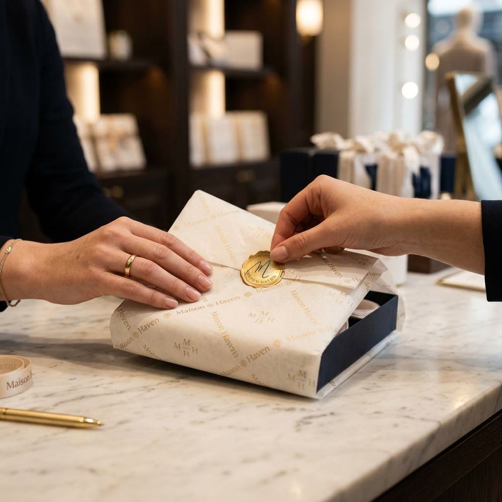 A purchase being wrapped in branded tissue and sealed in gold